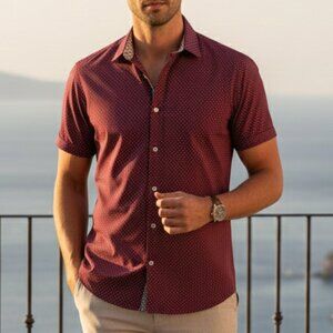 Polka Dot Denim & Flower Ricky Singh Maroon Short Sleeve Slim Fit Button Shirt L